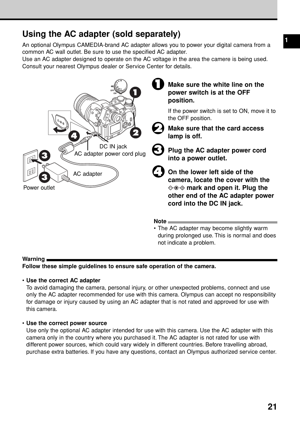 Using the ac adapter (sold separately) | Olympus E-20N User Manual | Page 23 / 216