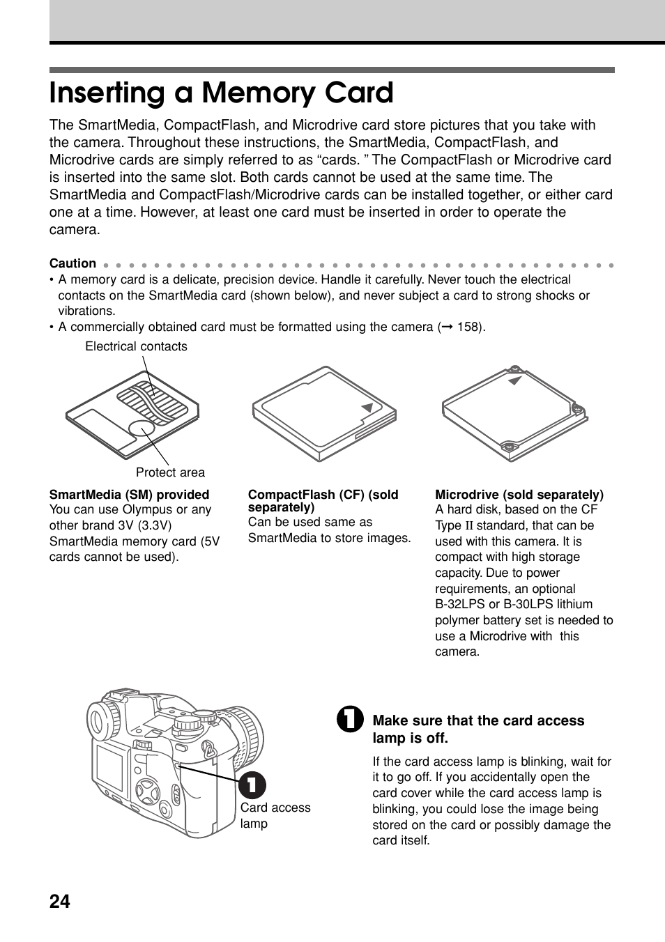 Inserting a memory card, Make sure that the card access lamp is off | Olympus E-20N User Manual | Page 26 / 216