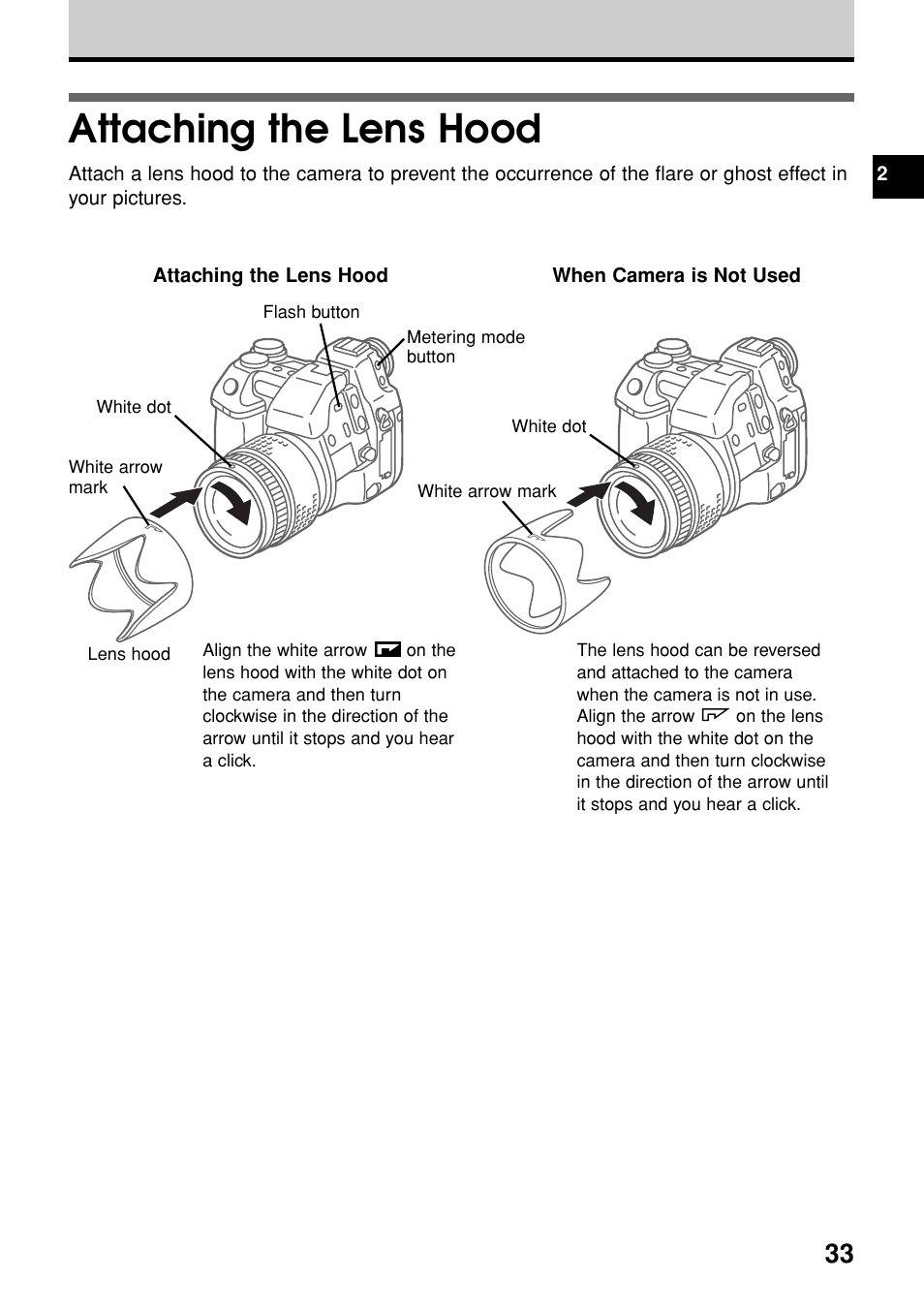 Attaching the lens hood | Olympus E-20N User Manual | Page 35 / 216