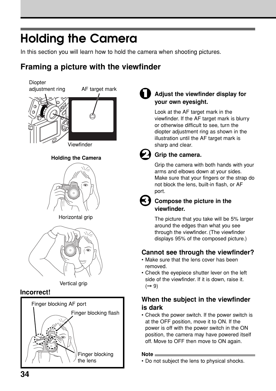 Holding the camera, Framing a picture with the viewfinder | Olympus E-20N User Manual | Page 36 / 216