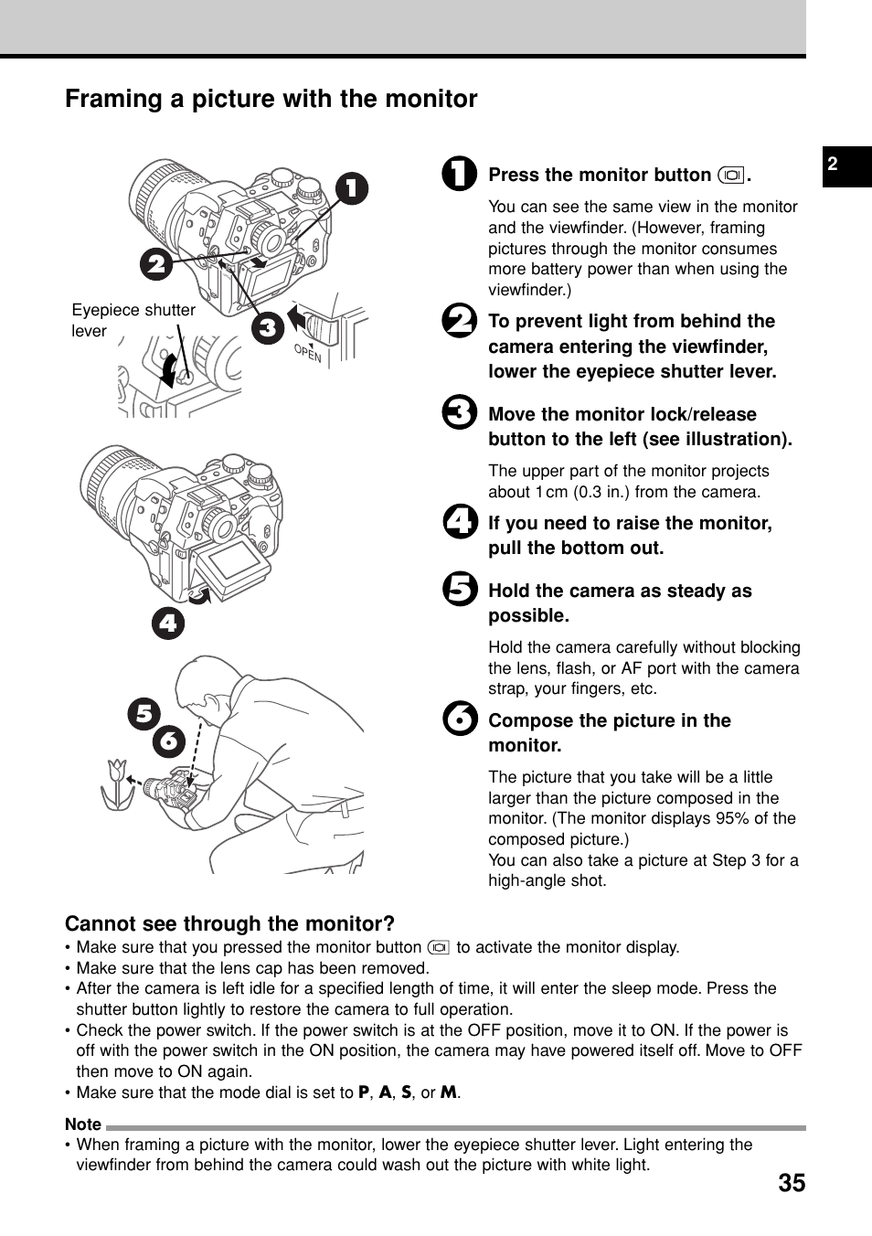 Framing a picture with the monitor | Olympus E-20N User Manual | Page 37 / 216