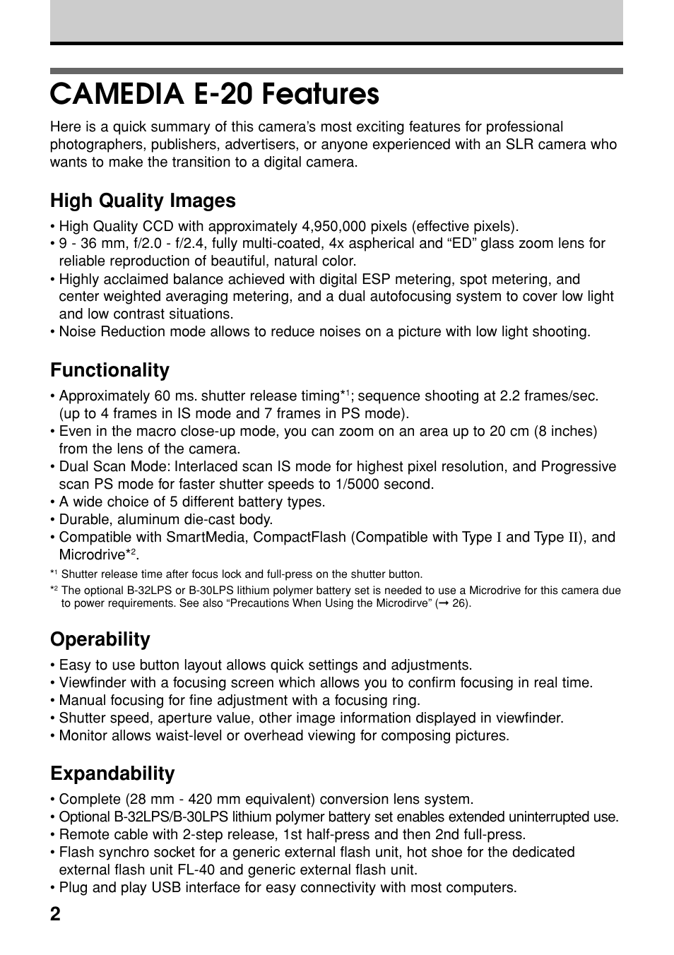 Camedia e-20 features, Features, how to use this manual, Caring for your camera, important parts and names | High quality images, Functionality, Operability, Expandability | Olympus E-20N User Manual | Page 4 / 216