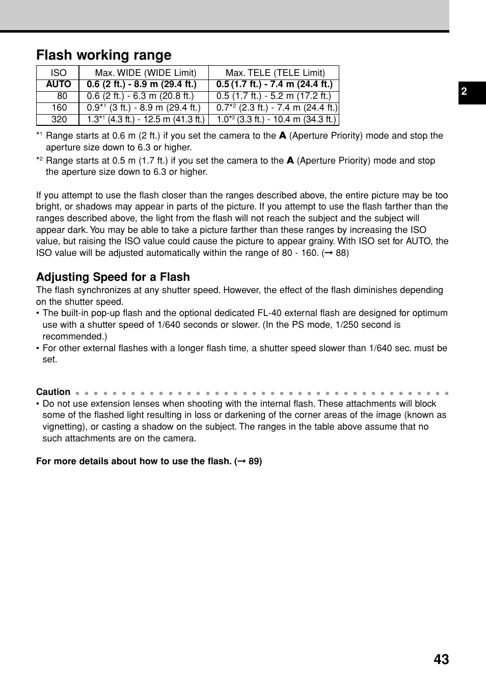 Flash working range, Adjusting speed for a flash | Olympus E-20N User Manual | Page 45 / 216