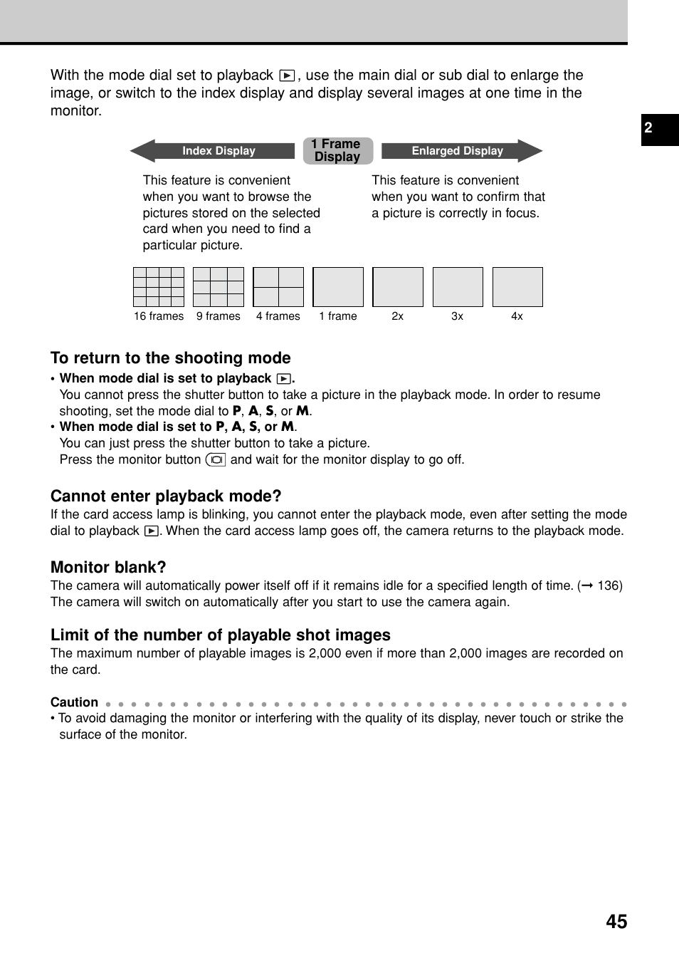 Cannot enter playback mode, Monitor blank, Limit of the number of playable shot images | Olympus E-20N User Manual | Page 47 / 216
