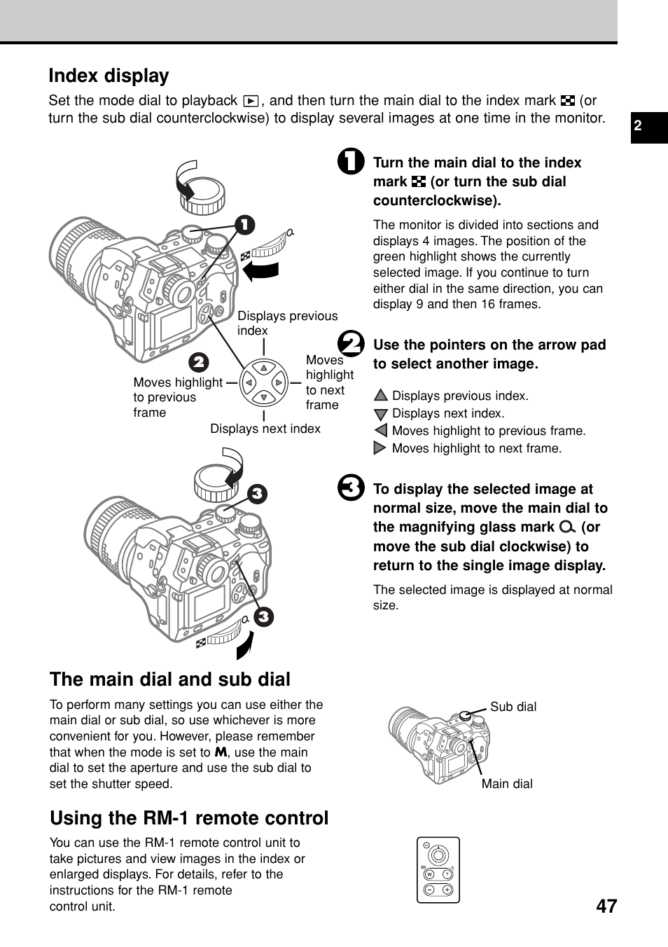 The main dial and sub dial, Using the rm-1 remote control, Index display | Olympus E-20N User Manual | Page 49 / 216
