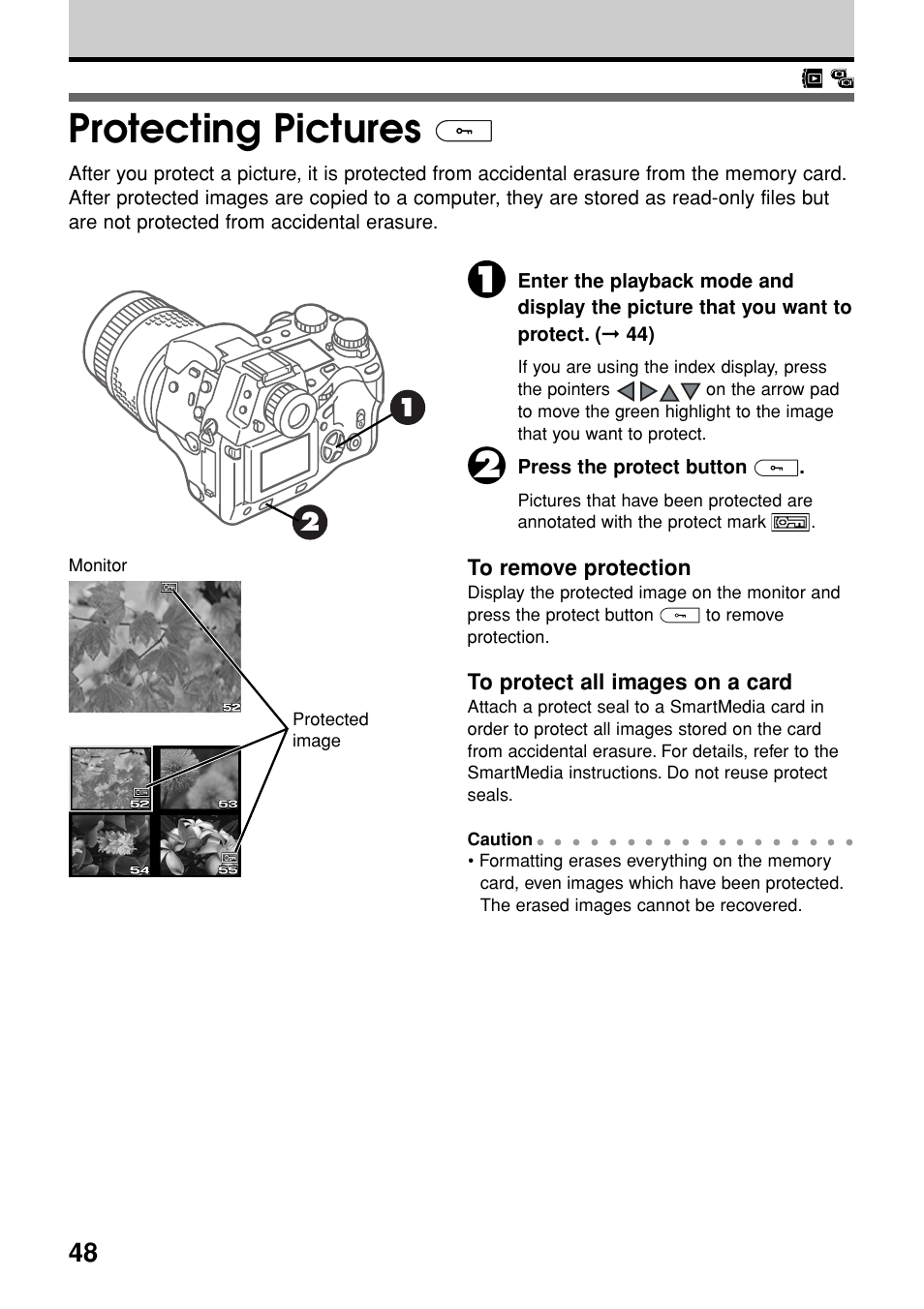 Protecting pictures, Press the protect button | Olympus E-20N User Manual | Page 50 / 216