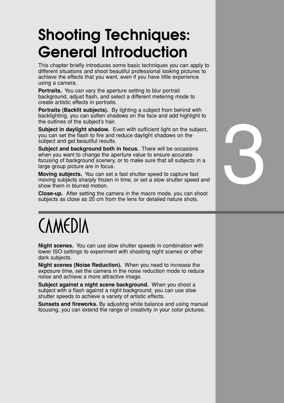 Shooting techniques: general introduction, Shooting techniques, General introduction | Olympus E-20N User Manual | Page 53 / 216
