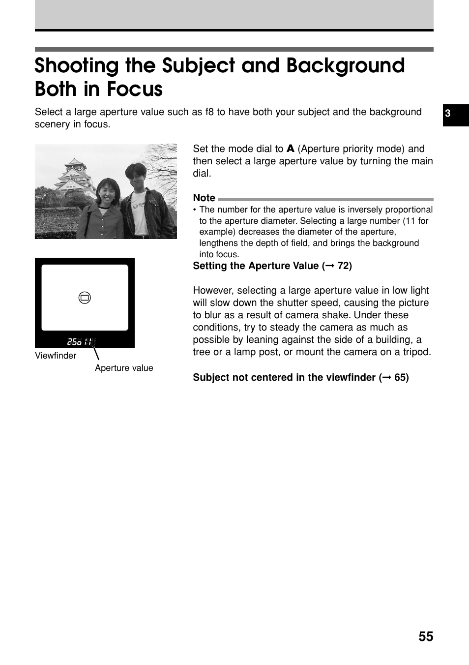 Shooting the subject and background both in focus | Olympus E-20N User Manual | Page 57 / 216