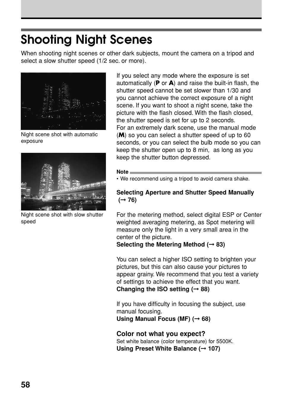 Shooting night scenes | Olympus E-20N User Manual | Page 60 / 216