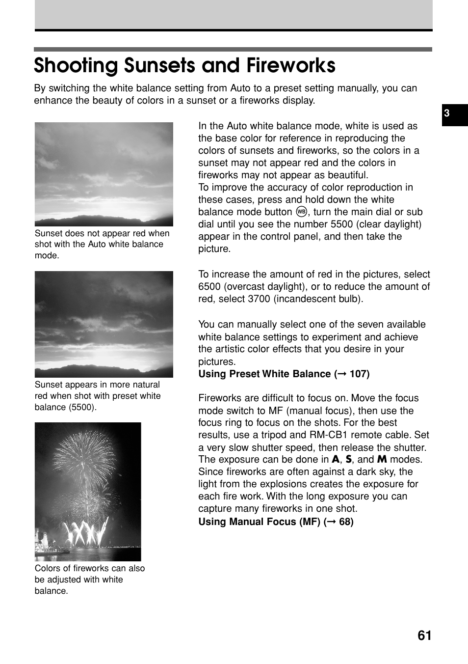 Shooting sunsets and fireworks | Olympus E-20N User Manual | Page 63 / 216