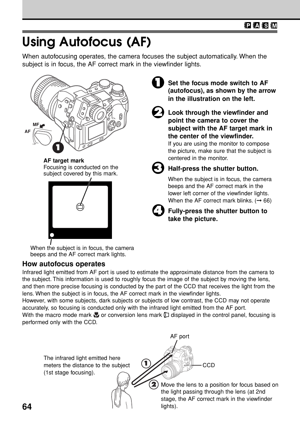 Using autofocus (af) | Olympus E-20N User Manual | Page 66 / 216