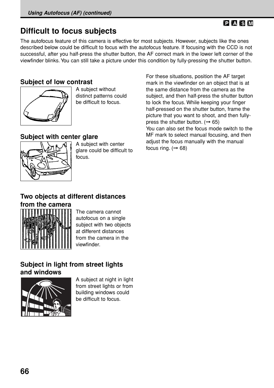 Difficult to focus subjects | Olympus E-20N User Manual | Page 68 / 216