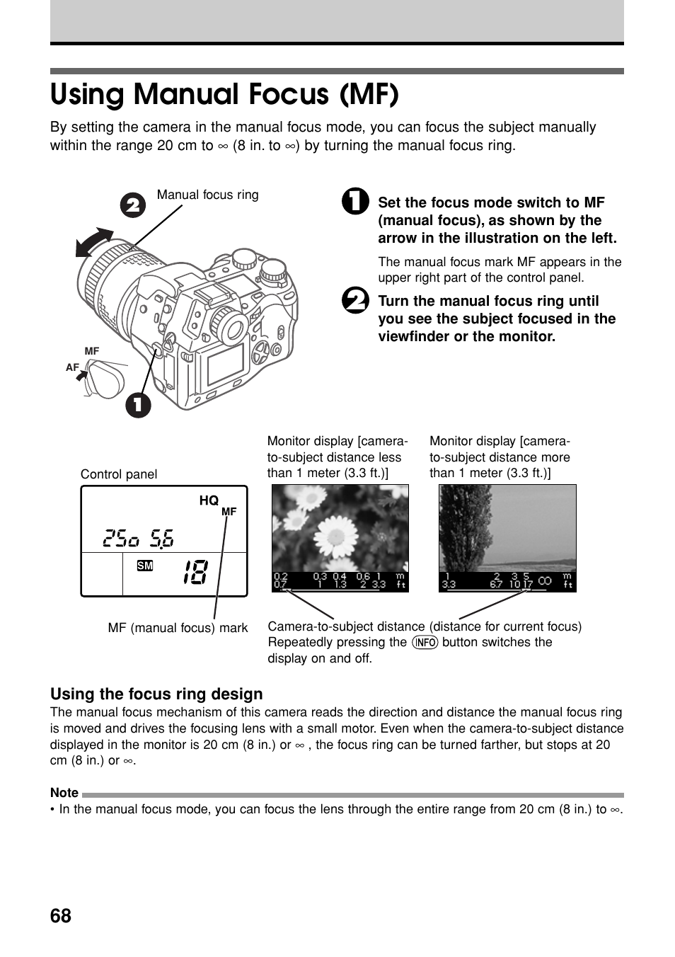 Using manual focus (mf) | Olympus E-20N User Manual | Page 70 / 216