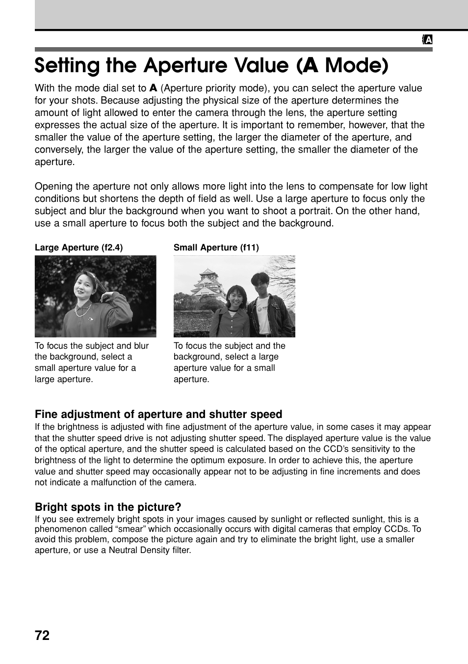 Setting the aperture value (a mode), Setting the aperture value, A mode) | Setting the aperture value ( a mode) | Olympus E-20N User Manual | Page 74 / 216