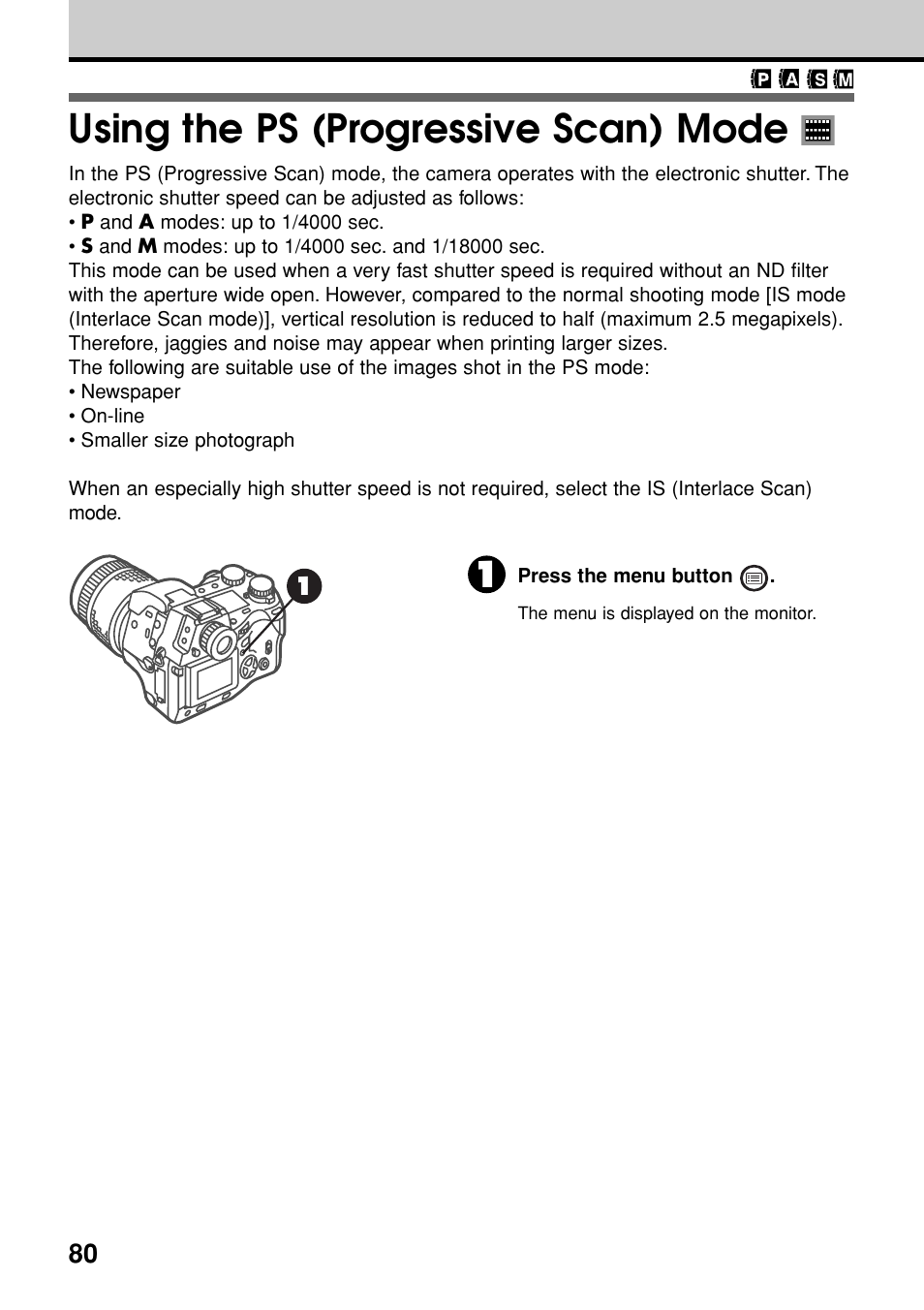 Using the ps (progressive scan) mode | Olympus E-20N User Manual | Page 82 / 216