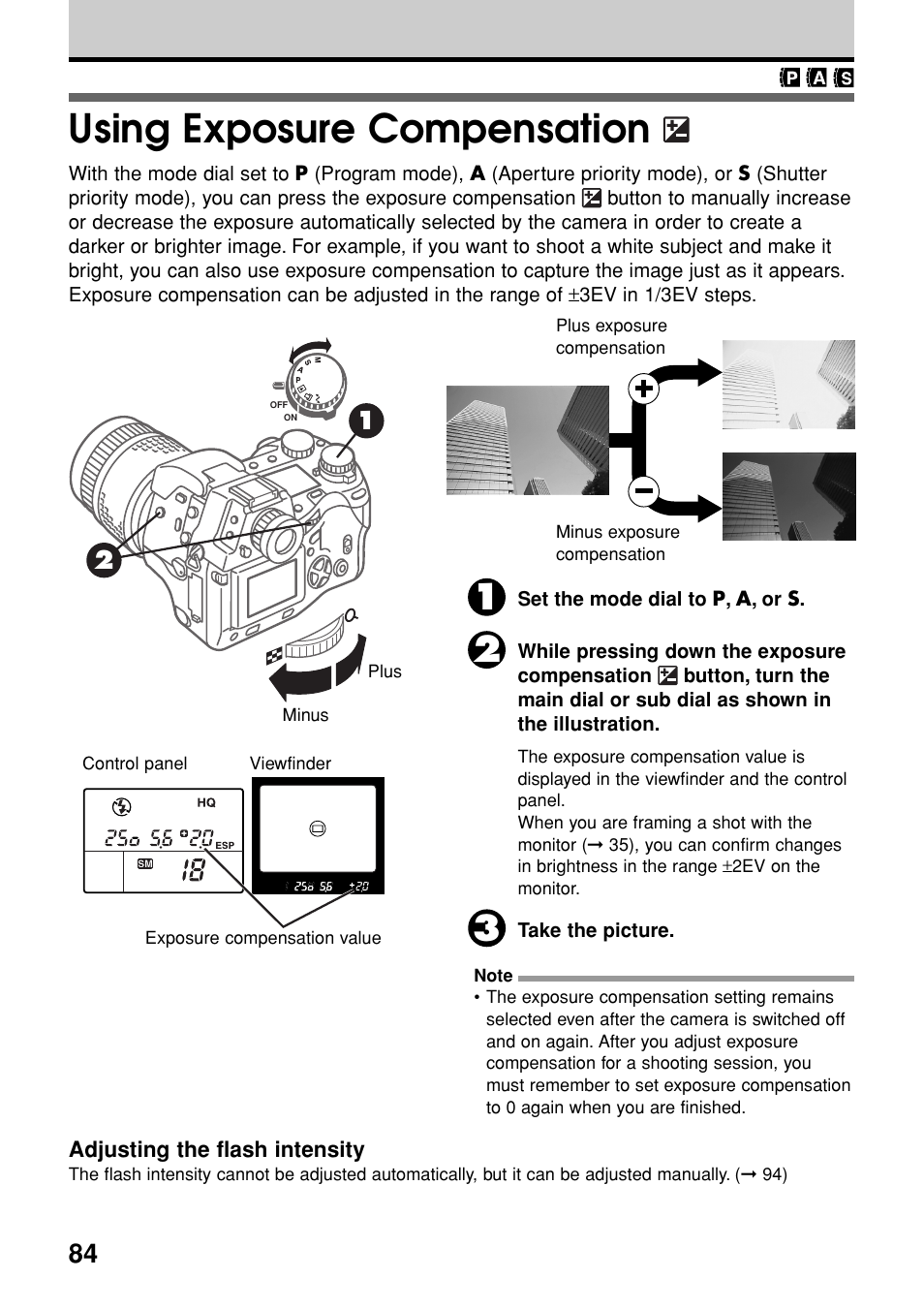 Using exposure compensation | Olympus E-20N User Manual | Page 86 / 216