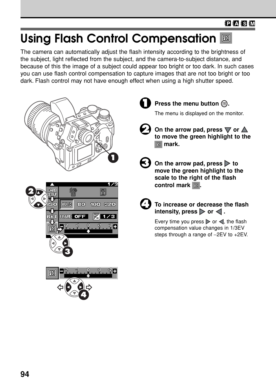 Using flash control compensation | Olympus E-20N User Manual | Page 96 / 216