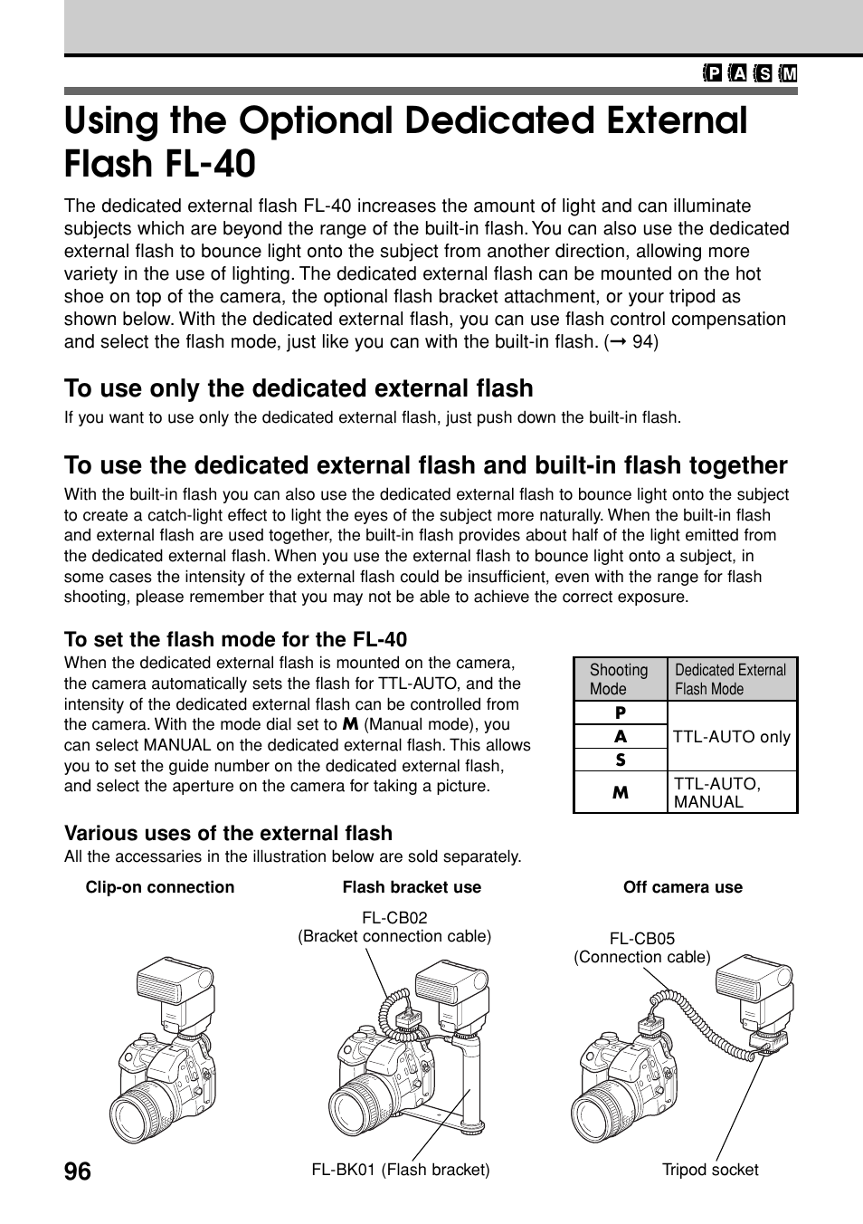 Using the optional dedicated external flash fl-40 | Olympus E-20N User Manual | Page 98 / 216