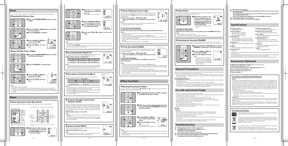 Erase, Other functions, Menu | General precautions, For safe and correct usage, Troubleshooting, Specifications, Accessories (optional), H erase all files from a folder, H basic operation of the menu mode | Olympus VN-5000 User Manual | Page 2 / 2