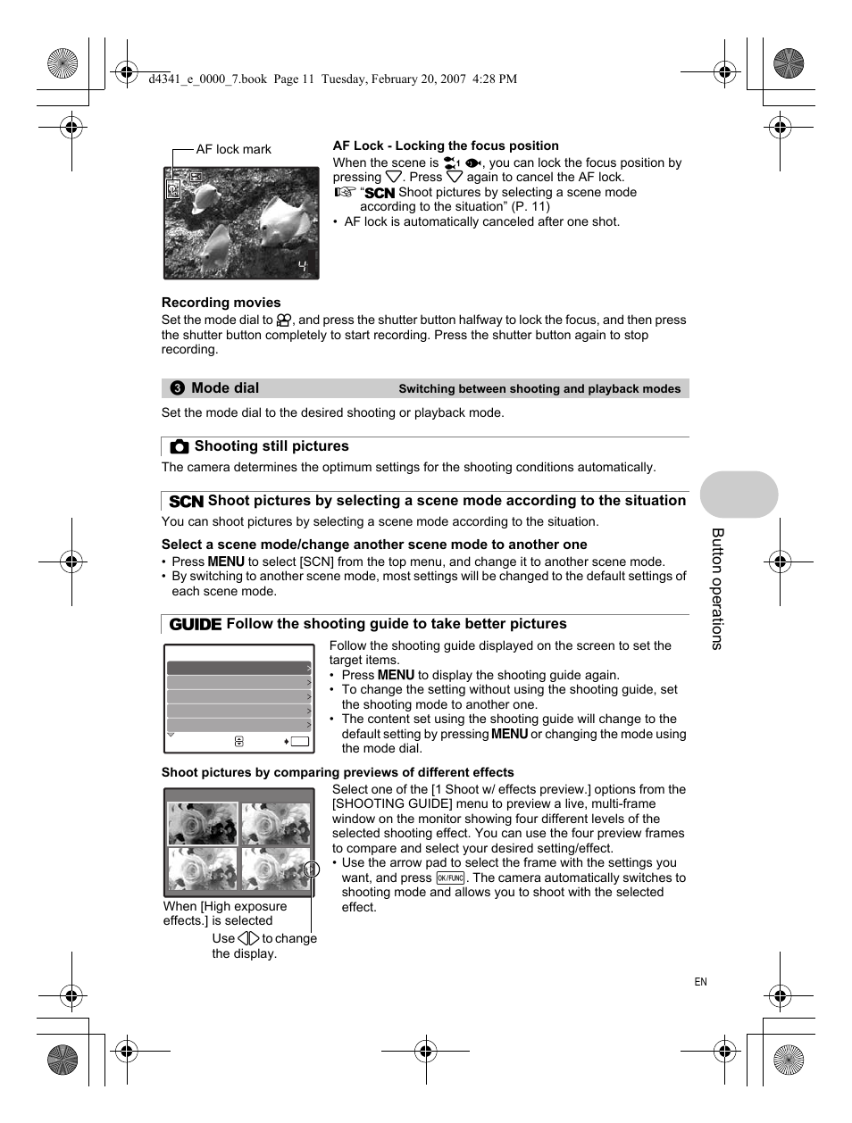 Mode dial, Shooting still pictures, Follow the shooting guide to take better pictures | Button operati o ns | Olympus Stylus 780 User Manual | Page 11 / 84