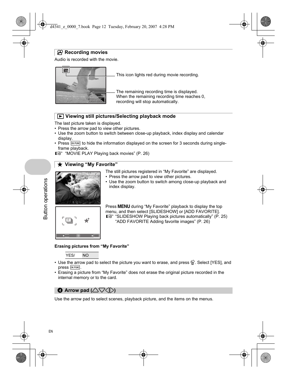 Recording movies, Viewing still pictures/selecting playback mode, Viewing “my favorite | Arrow pad, Button operations | Olympus Stylus 780 User Manual | Page 12 / 84