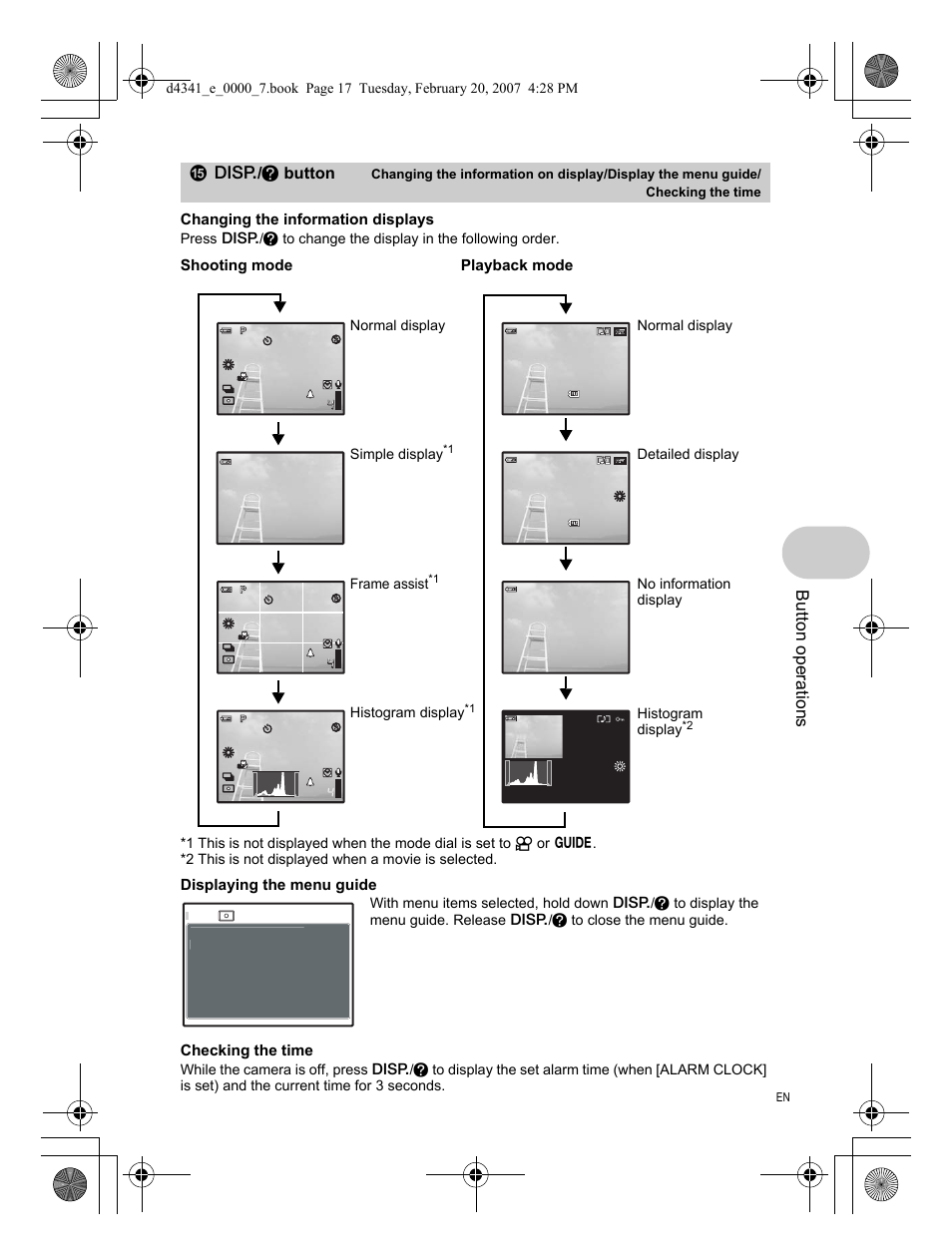 Button operati o ns, G / e button, Changing the information displays | Displaying the menu guide, Checking the time, Shooting mode, Playback mode, Frame assist, Simple display, Normal display | Olympus Stylus 780 User Manual | Page 17 / 84