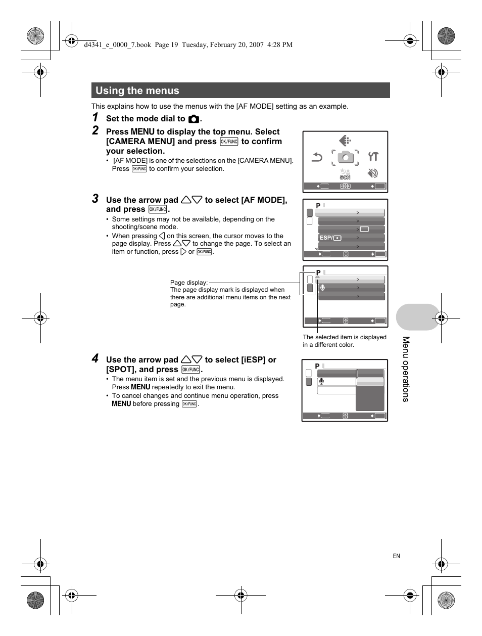 Using the menus, Menu operations, Set the mode dial to k | Olympus Stylus 780 User Manual | Page 19 / 84