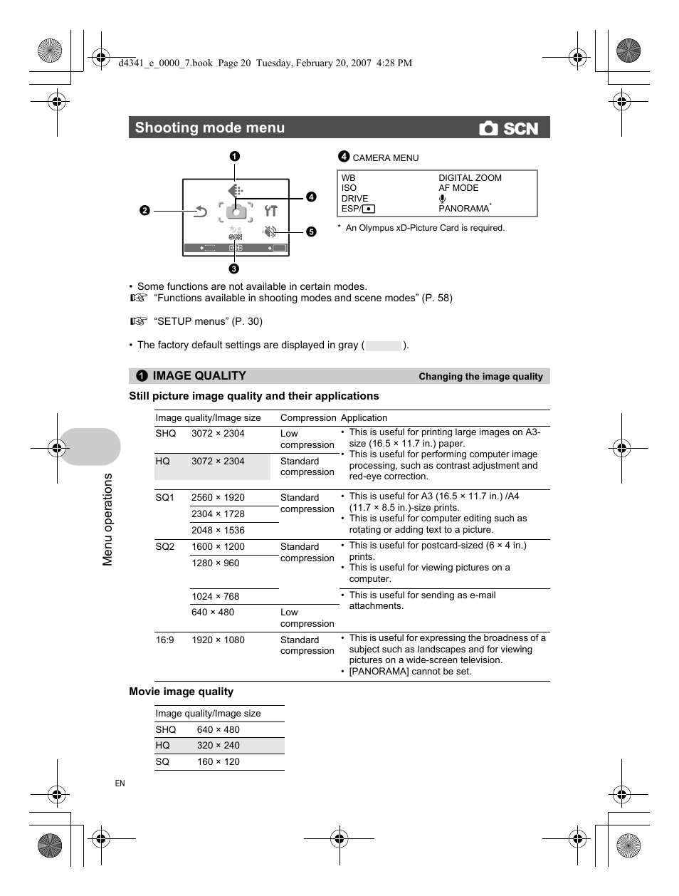 Shooting mode menu, Image quality, Shooting mode menu k s | Menu operations | Olympus Stylus 780 User Manual | Page 20 / 84