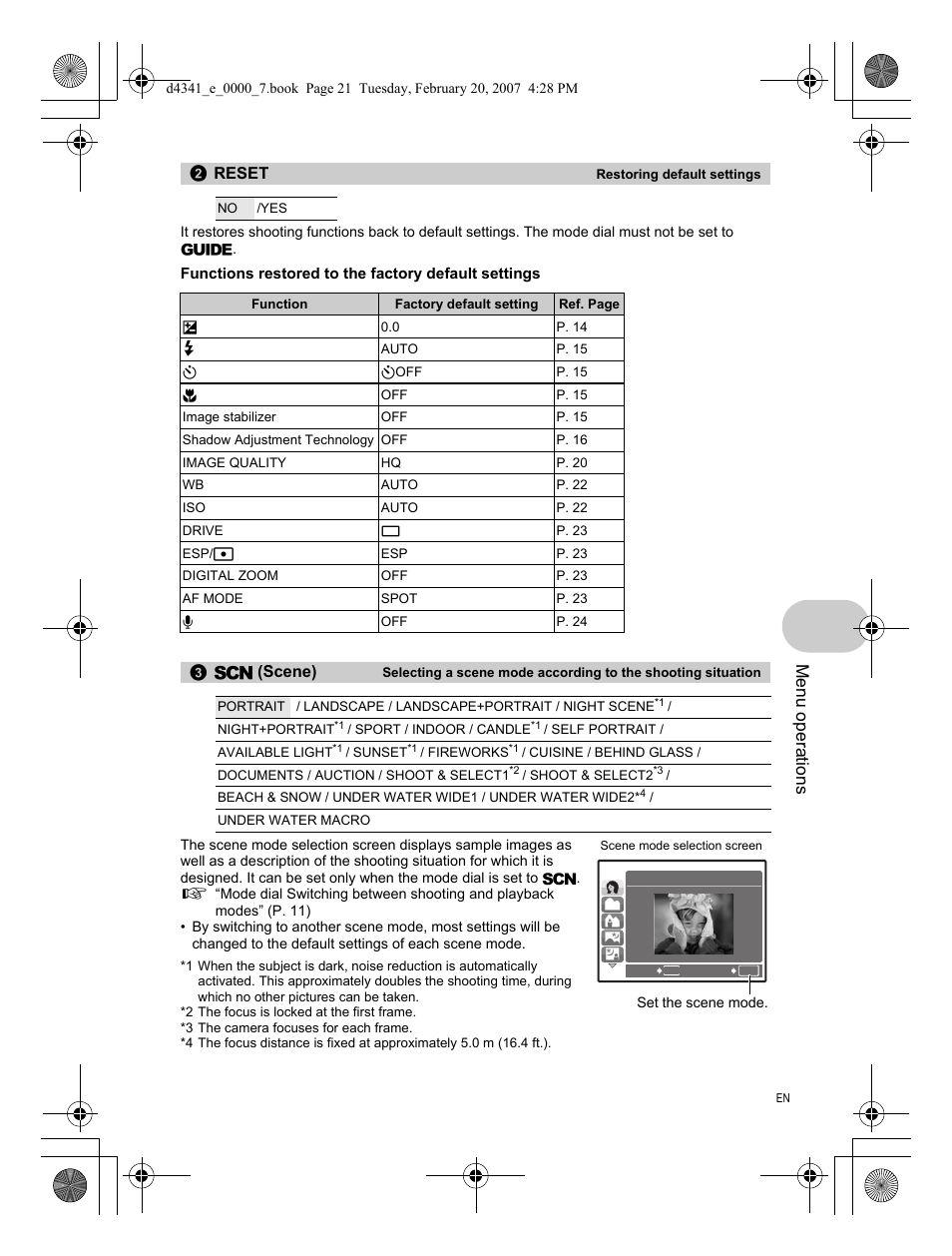 Reset, Scn (scene), Menu operations | Olympus Stylus 780 User Manual | Page 21 / 84