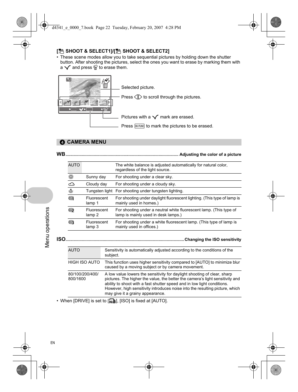 Camera menu, Menu operations | Olympus Stylus 780 User Manual | Page 22 / 84