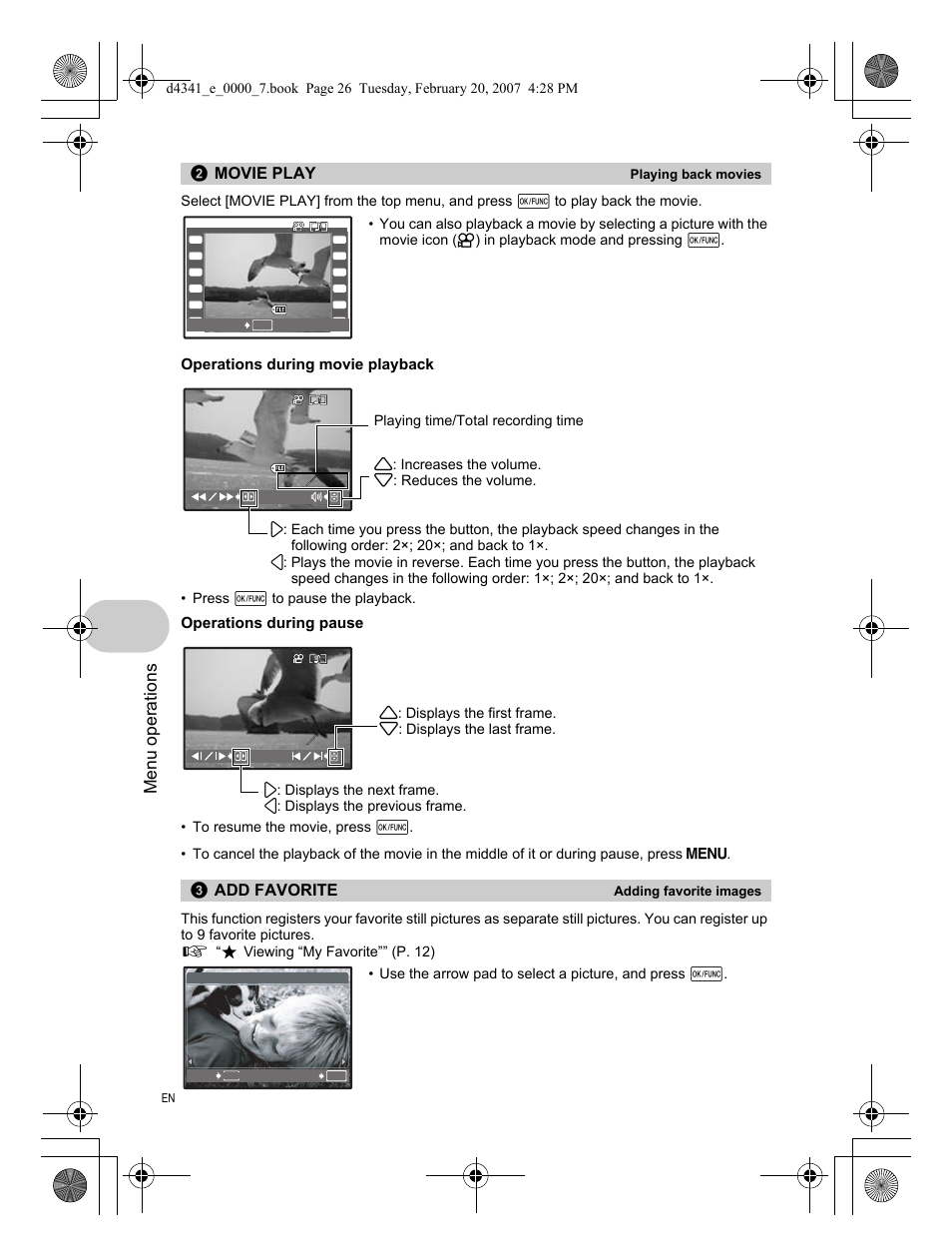 Movie play, Add favorite, Menu operations | Olympus Stylus 780 User Manual | Page 26 / 84