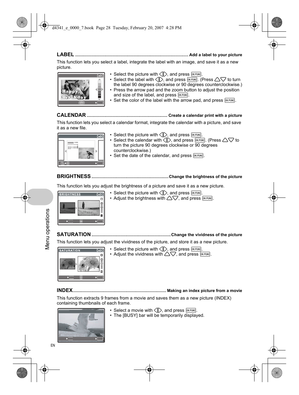 Label, Calendar, Brightness | Saturation, Index, Menu operations | Olympus Stylus 780 User Manual | Page 28 / 84