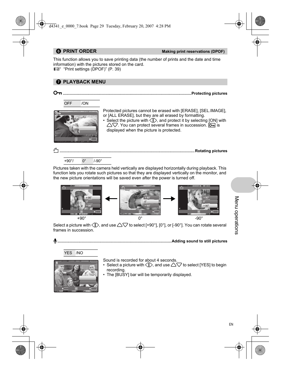 Print order, Playback menu, Protecting pictures | Rotating pictures, Adding sound to still pictures, Menu operations, Playback menu 0 | Olympus Stylus 780 User Manual | Page 29 / 84