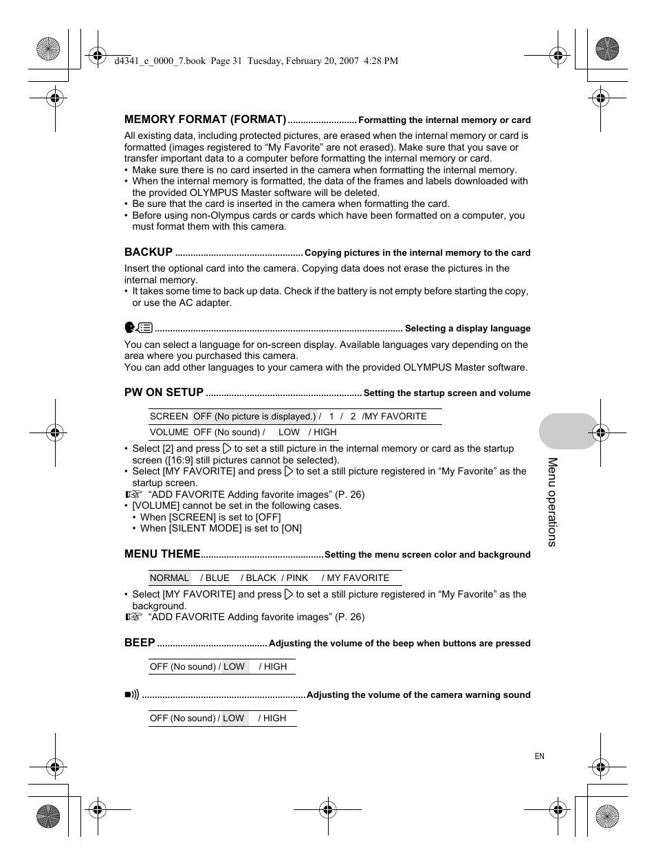 Memory format (format), Backup, Selecting a display language | Pw on setup, Menu theme, Beep, Adjusting the volume of the camera warning sound | Olympus Stylus 780 User Manual | Page 31 / 84