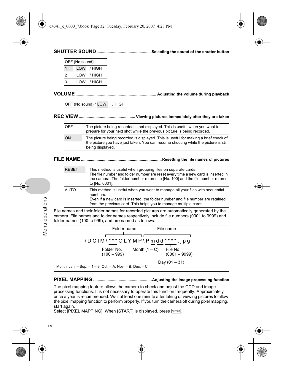 Shutter sound, Volume, Rec view | File name, Pixel mapping | Olympus Stylus 780 User Manual | Page 32 / 84