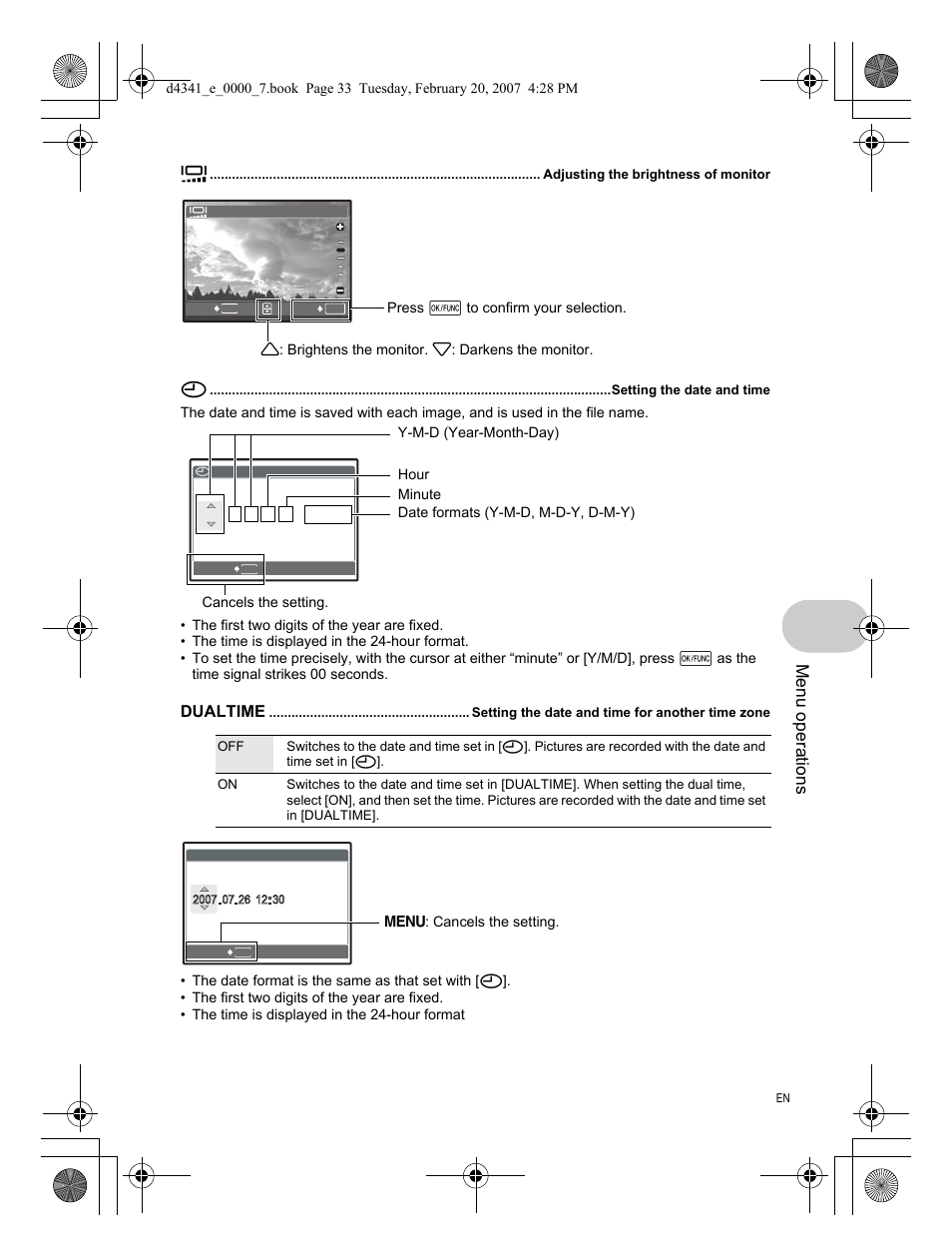 Adjusting the brightness of monitor, Setting the date and time, Dualtime | Menu operations | Olympus Stylus 780 User Manual | Page 33 / 84