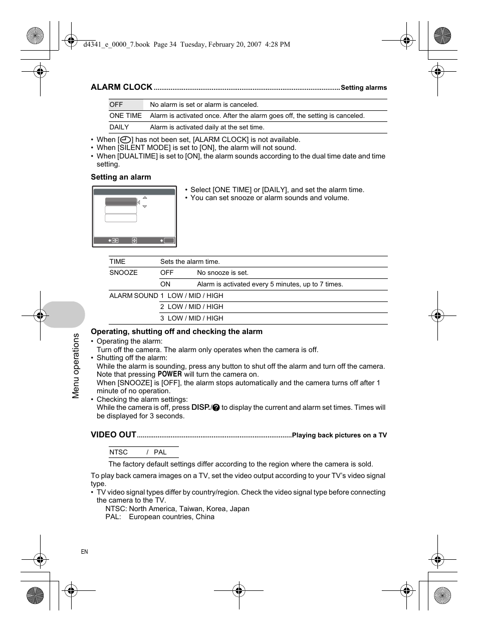 Alarm clock, Video out, Menu operations | Olympus Stylus 780 User Manual | Page 34 / 84