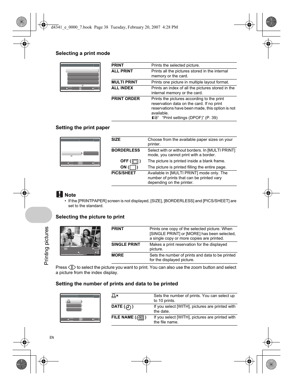 Printing pictures | Olympus Stylus 780 User Manual | Page 38 / 84