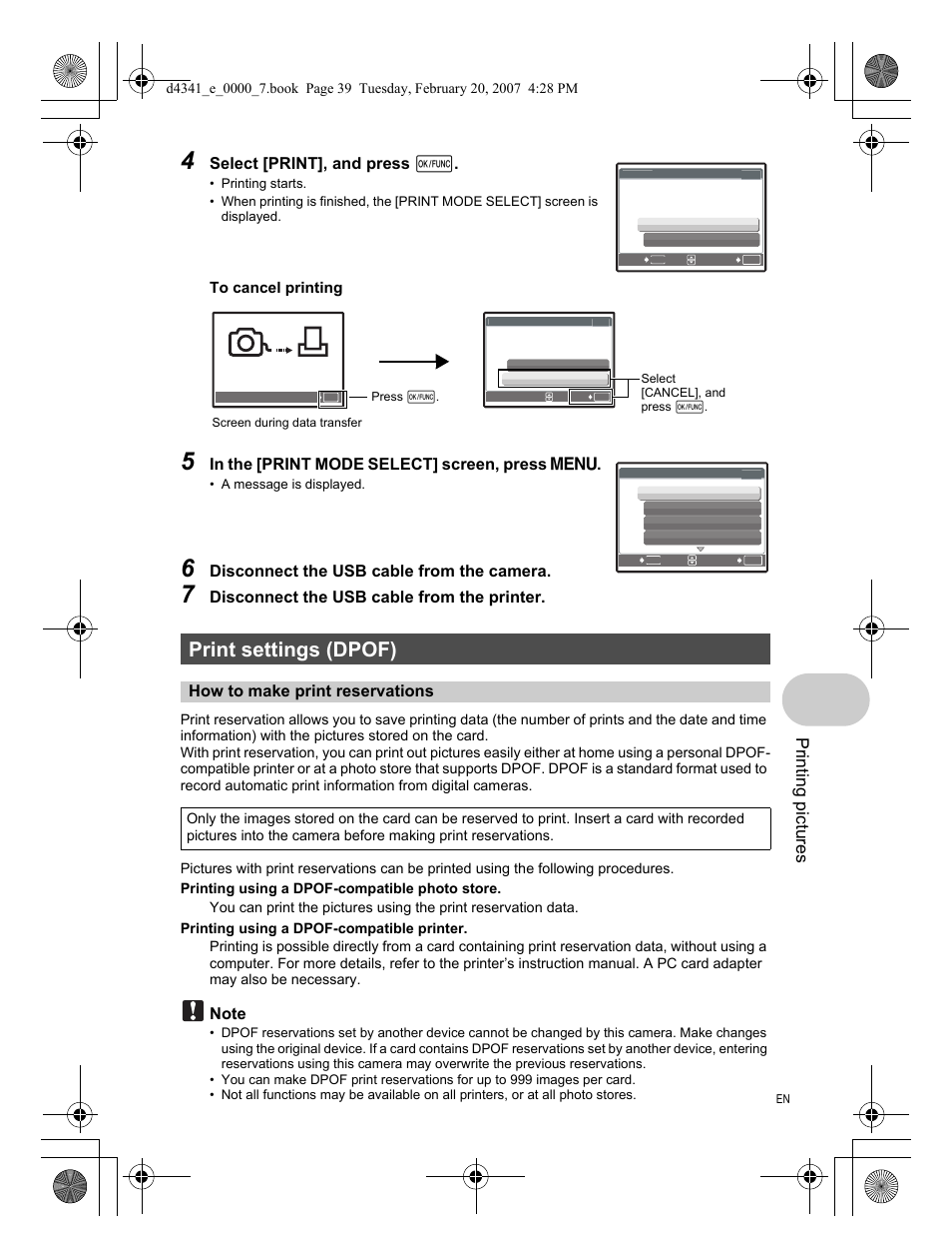 Print settings (dpof), How to make print reservations, Printing pictures | Select [print], and press e, Disconnect the usb cable from the camera, Disconnect the usb cable from the printer | Olympus Stylus 780 User Manual | Page 39 / 84