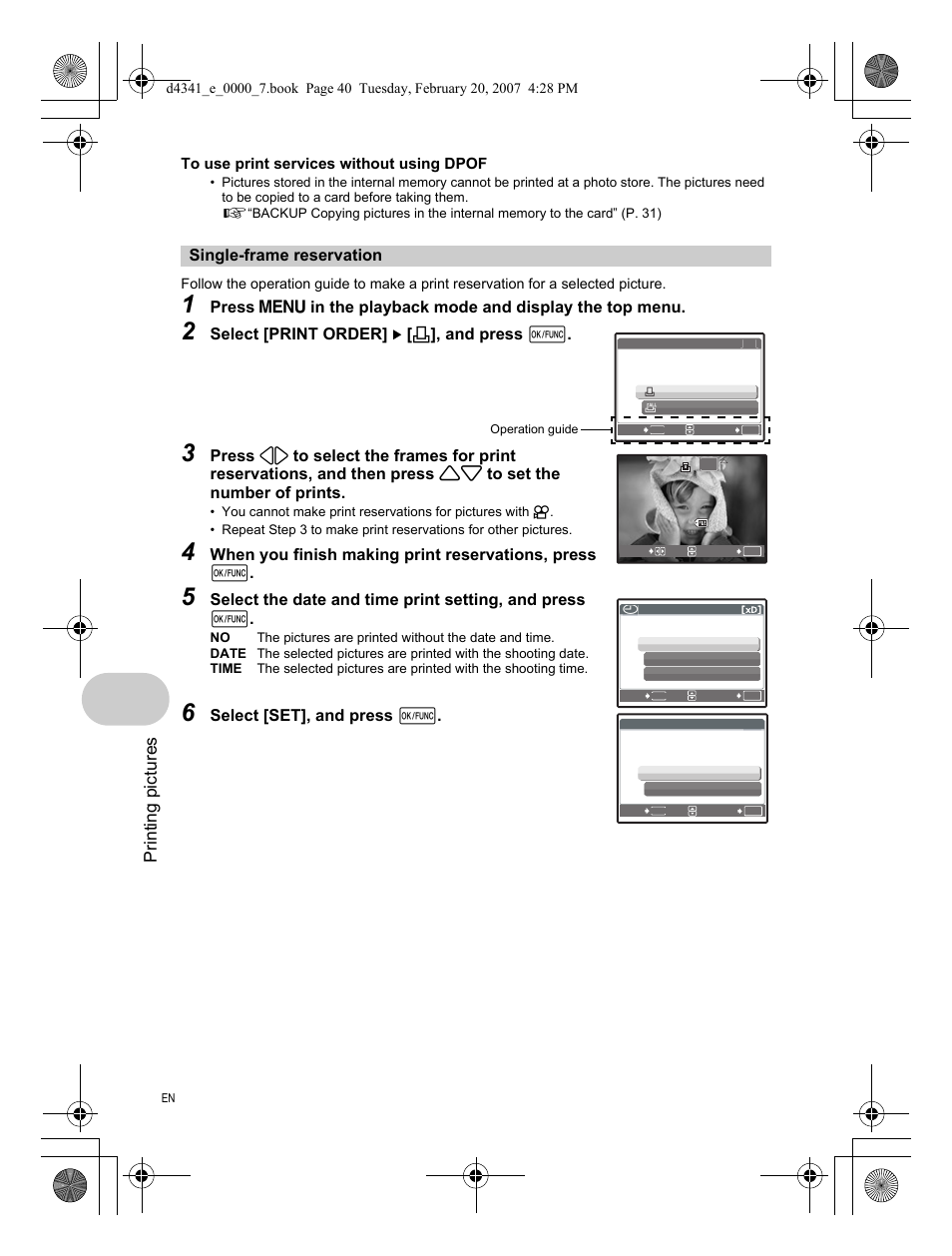 Single-frame reservation, Printing pictures, Select [print order] [ < ], and press e | When you finish making print reservations, press e | Olympus Stylus 780 User Manual | Page 40 / 84