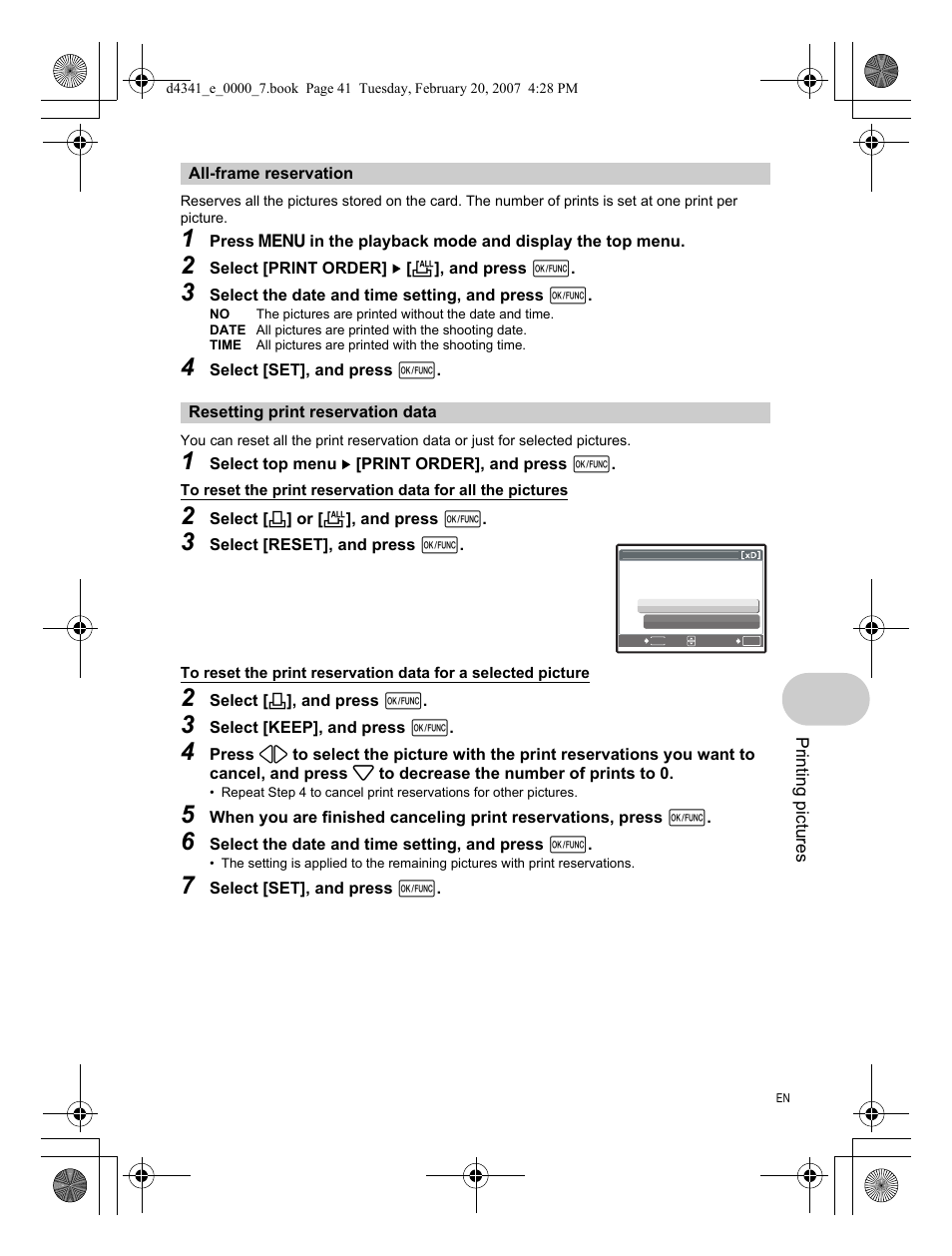 All-frame reservation, Resetting print reservation data | Olympus Stylus 780 User Manual | Page 41 / 84