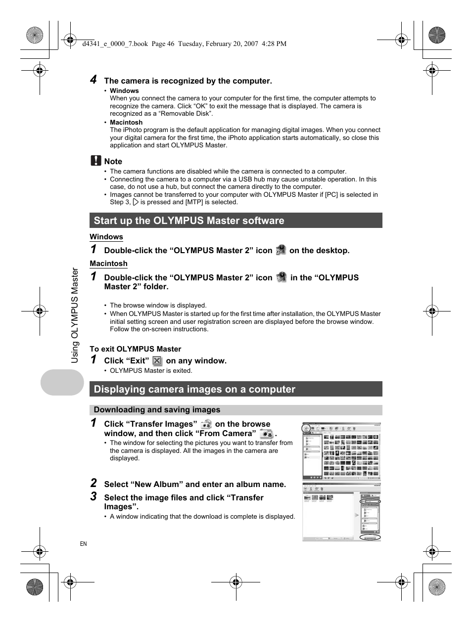 Start up the olympus master software, Displaying camera images on a computer, Downloading and saving images | Olympus Stylus 780 User Manual | Page 46 / 84