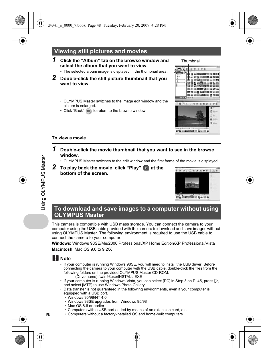 Viewing still pictures and movies | Olympus Stylus 780 User Manual | Page 48 / 84