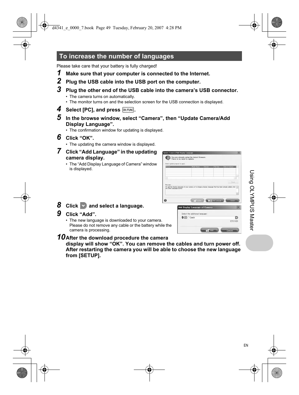 To increase the number of languages | Olympus Stylus 780 User Manual | Page 49 / 84