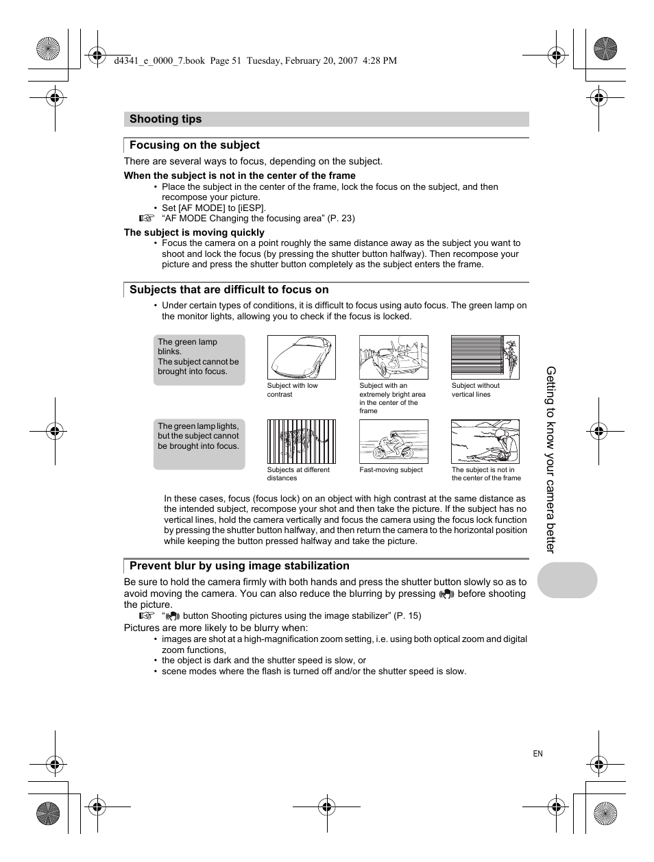 Shooting tips, Focusing on the subject, Subjects that are difficult to focus on | Prevent blur by using image stabilization, Getting to know your camera better | Olympus Stylus 780 User Manual | Page 51 / 84