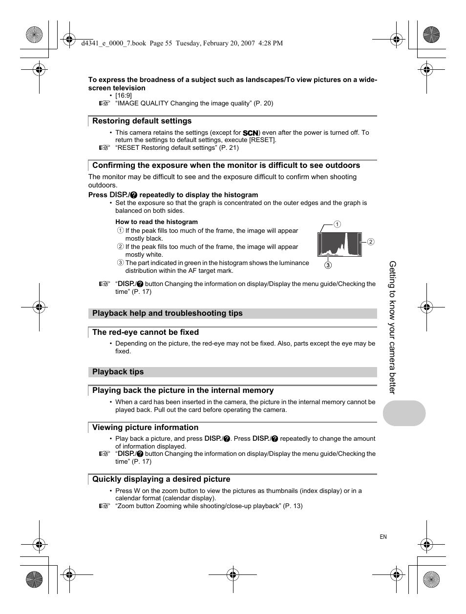 Restoring default settings, Playback help and troubleshooting tips, The red-eye cannot be fixed | Playback tips, Playing back the picture in the internal memory, Viewing picture information, Quickly displaying a desired picture | Olympus Stylus 780 User Manual | Page 55 / 84