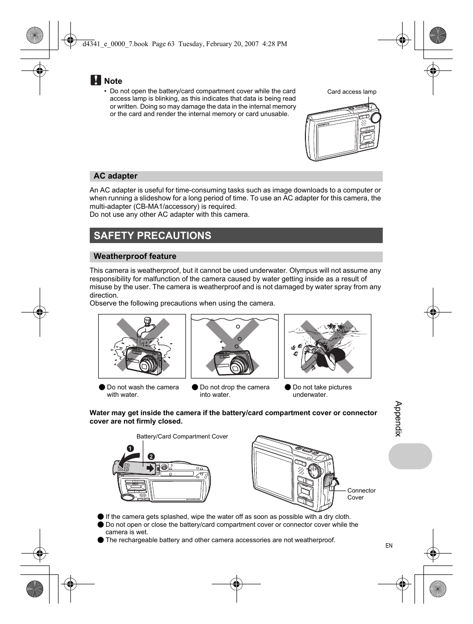 Ac adapter, Safety precautions, Weatherproof feature | Olympus Stylus 780 User Manual | Page 63 / 84