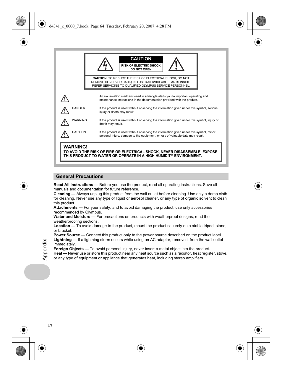 General precautions, Appendix | Olympus Stylus 780 User Manual | Page 64 / 84