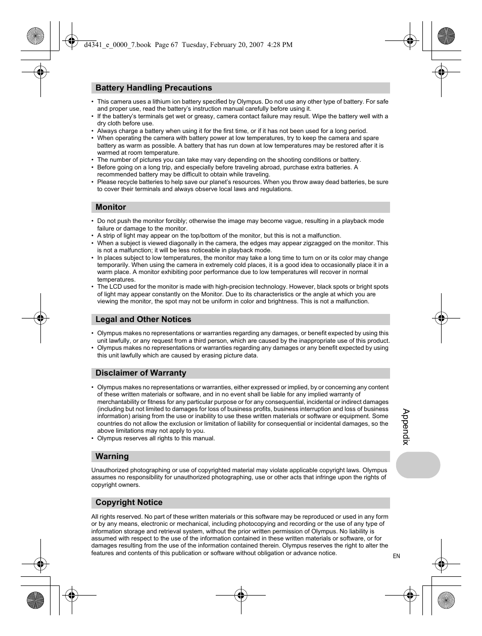 Battery handling precautions, Monitor, Legal and other notices | Disclaimer of warranty, Warning, Copyright notice, Appendix | Olympus Stylus 780 User Manual | Page 67 / 84