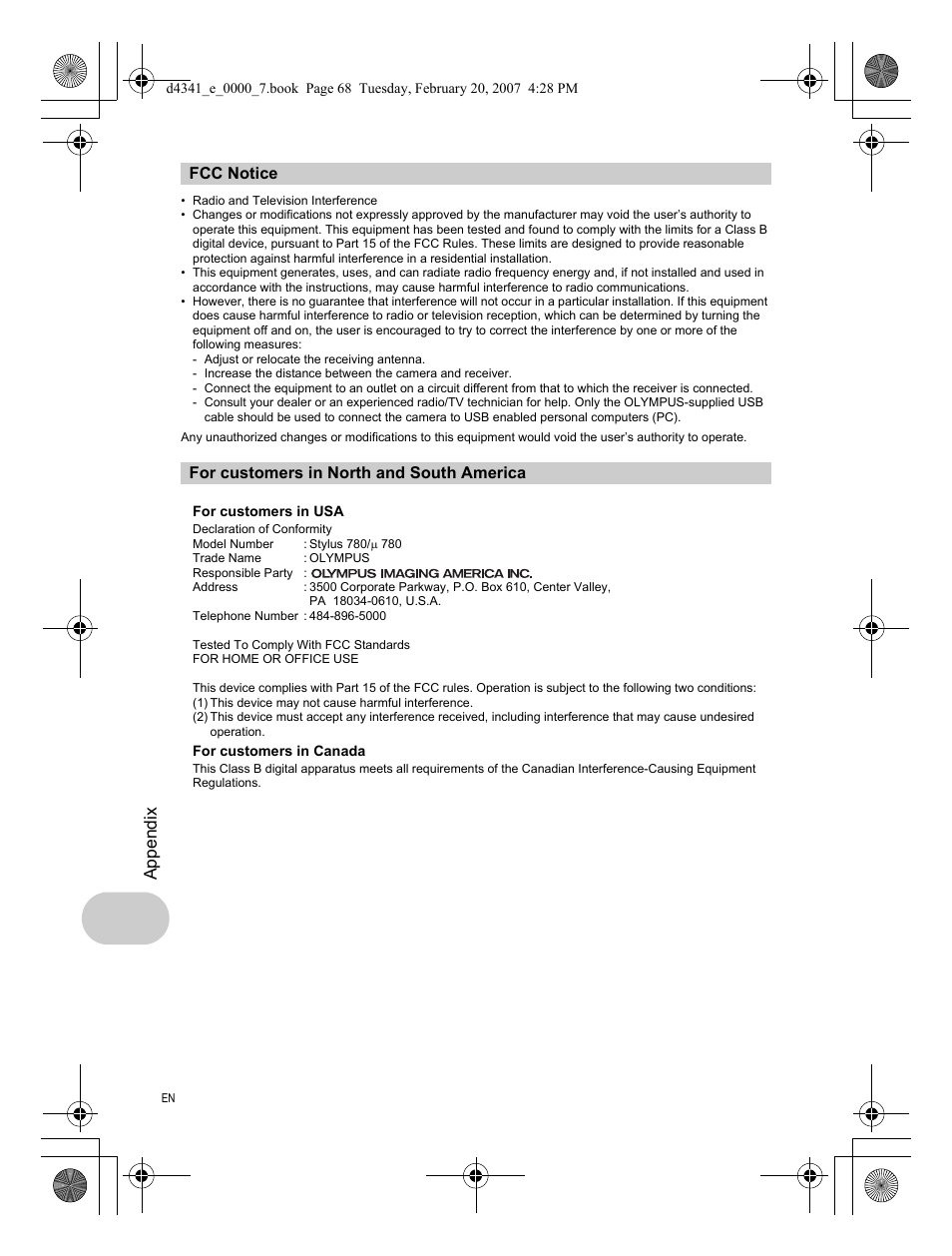 Fcc notice, For customers in north and south america, Appendix | Olympus Stylus 780 User Manual | Page 68 / 84
